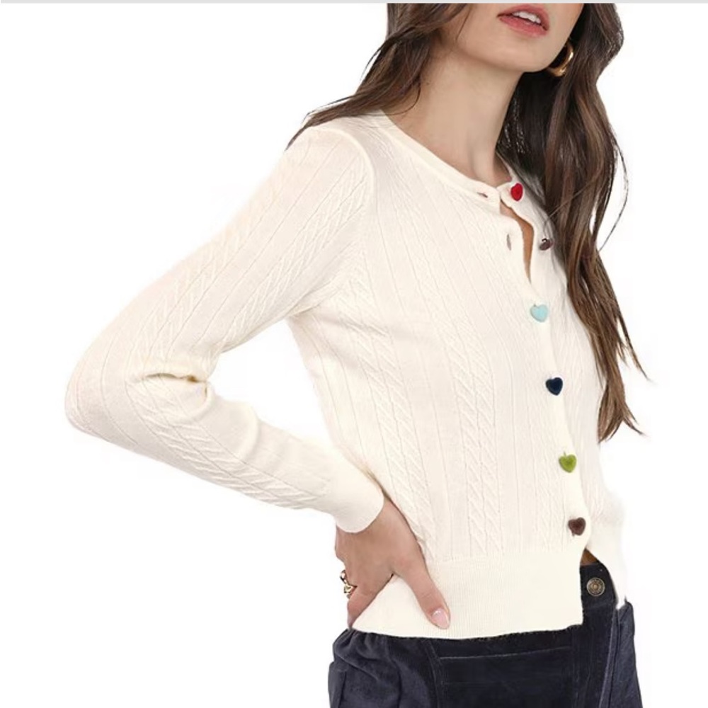 Sadie and Sage heart button cable cardigan in ivory.